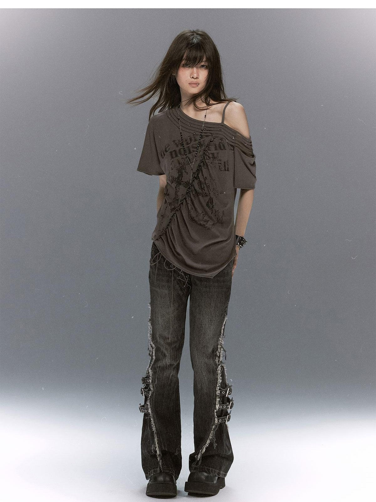 Cest Nous Washed Crackle Punk Asymmetrical Waist Deconstructed Tie Women&