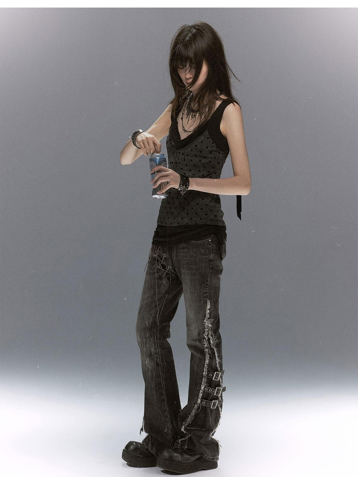 Cest Nous Washed Crackle Punk Asymmetrical Waist Deconstructed Tie Women&