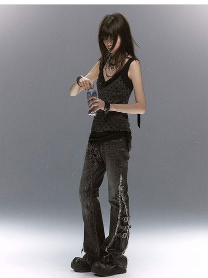 Cest Nous Washed Crackle Punk Asymmetrical Waist Deconstructed Tie Women&