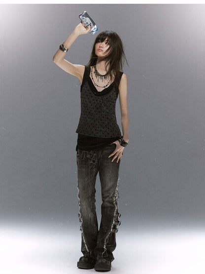 Cest Nous Washed Crackle Punk Asymmetrical Waist Deconstructed Tie Women&