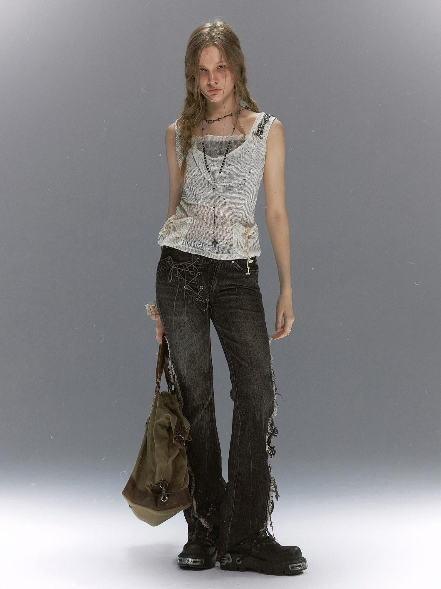 Cest Nous Washed Crackle Punk Asymmetrical Waist Deconstructed Tie Women&