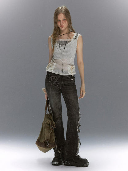 Cest Nous Washed Crackle Punk Asymmetrical Waist Deconstructed Tie Women&