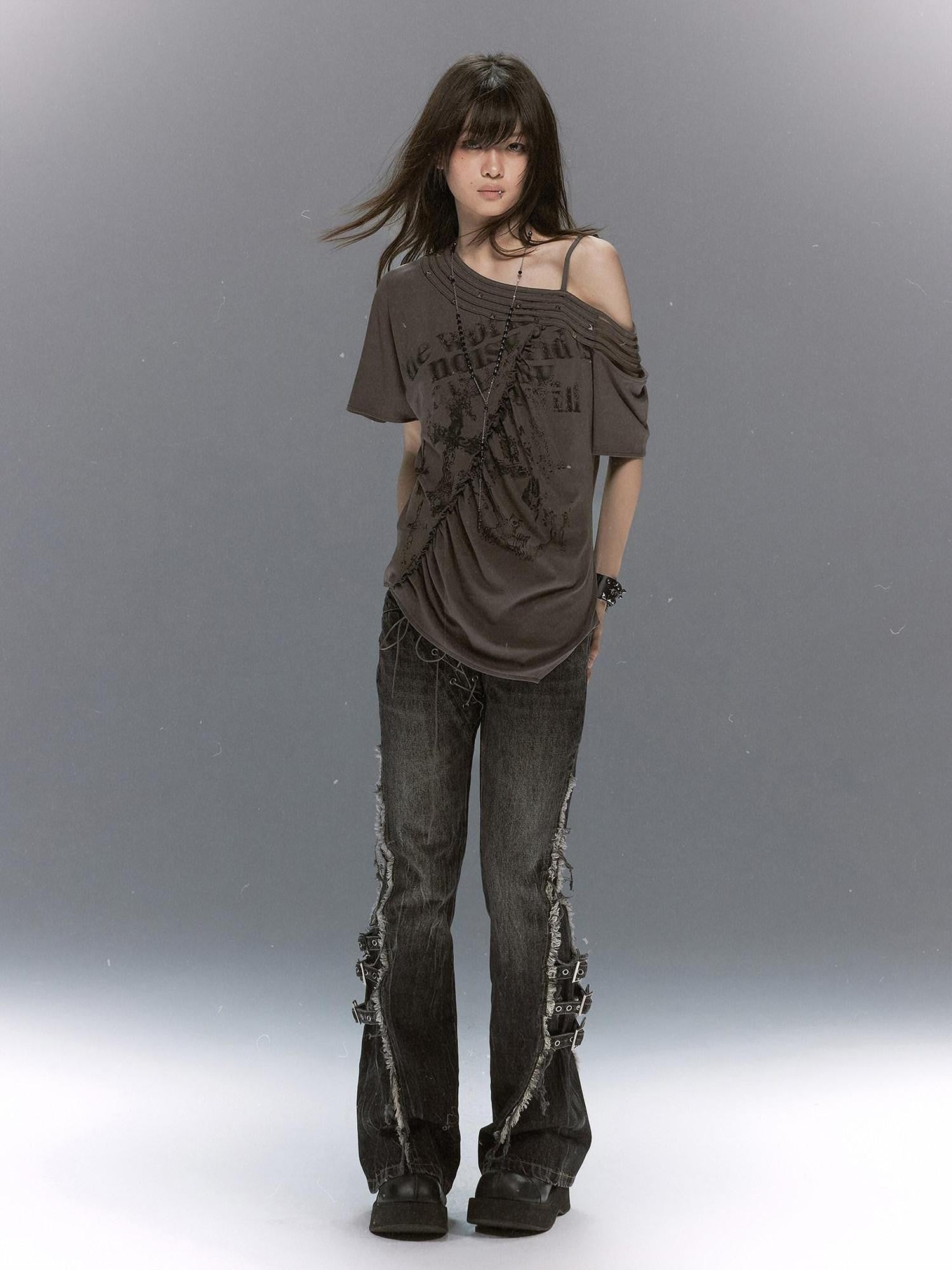 Cest Nous Washed Crackle Punk Asymmetrical Waist Deconstructed Tie Women&
