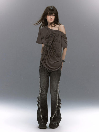 Cest Nous Washed Crackle Punk Asymmetrical Waist Deconstructed Tie Women&