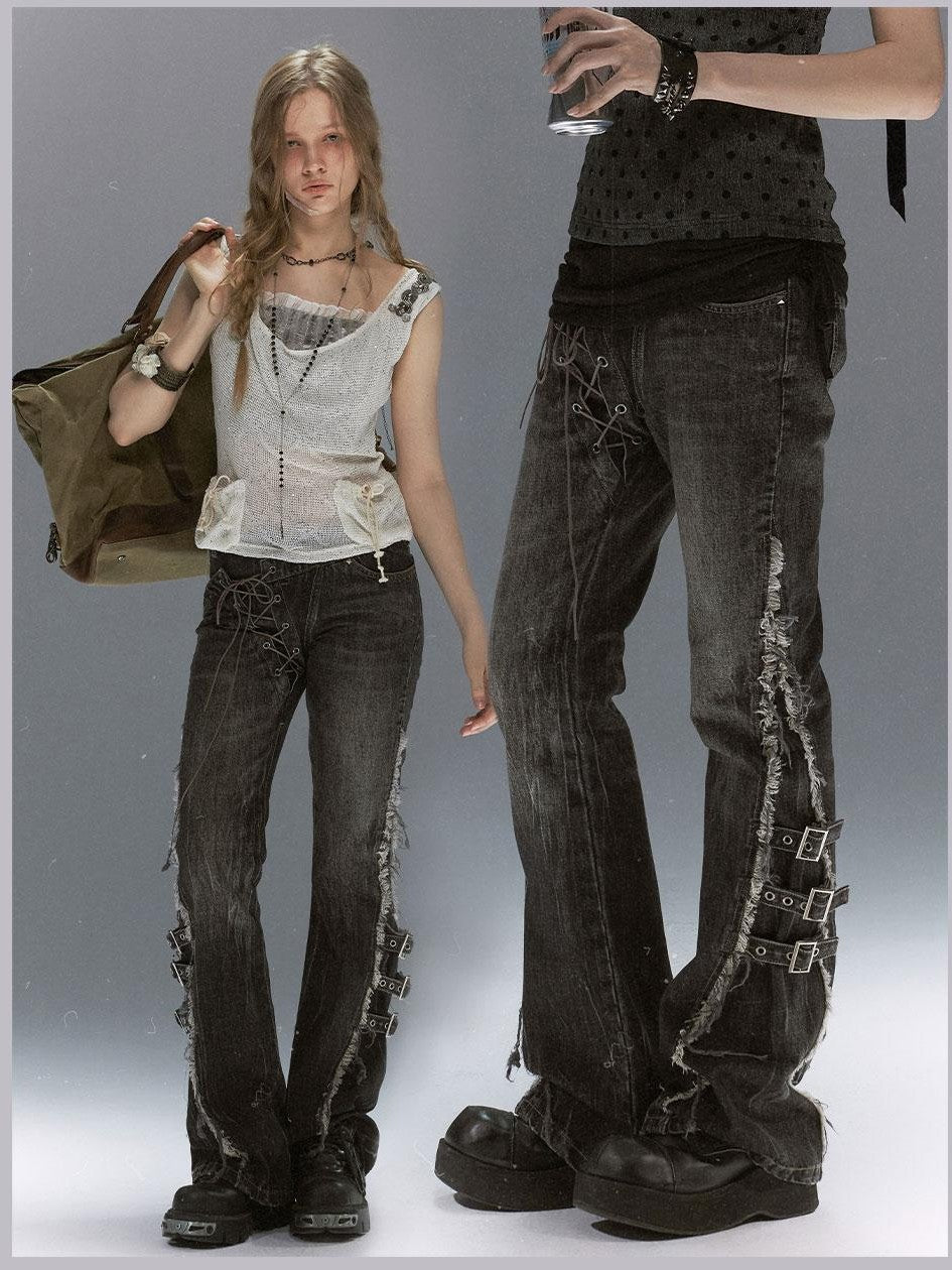 Cest Nous Washed Crackle Punk Asymmetrical Waist Deconstructed Tie Women&