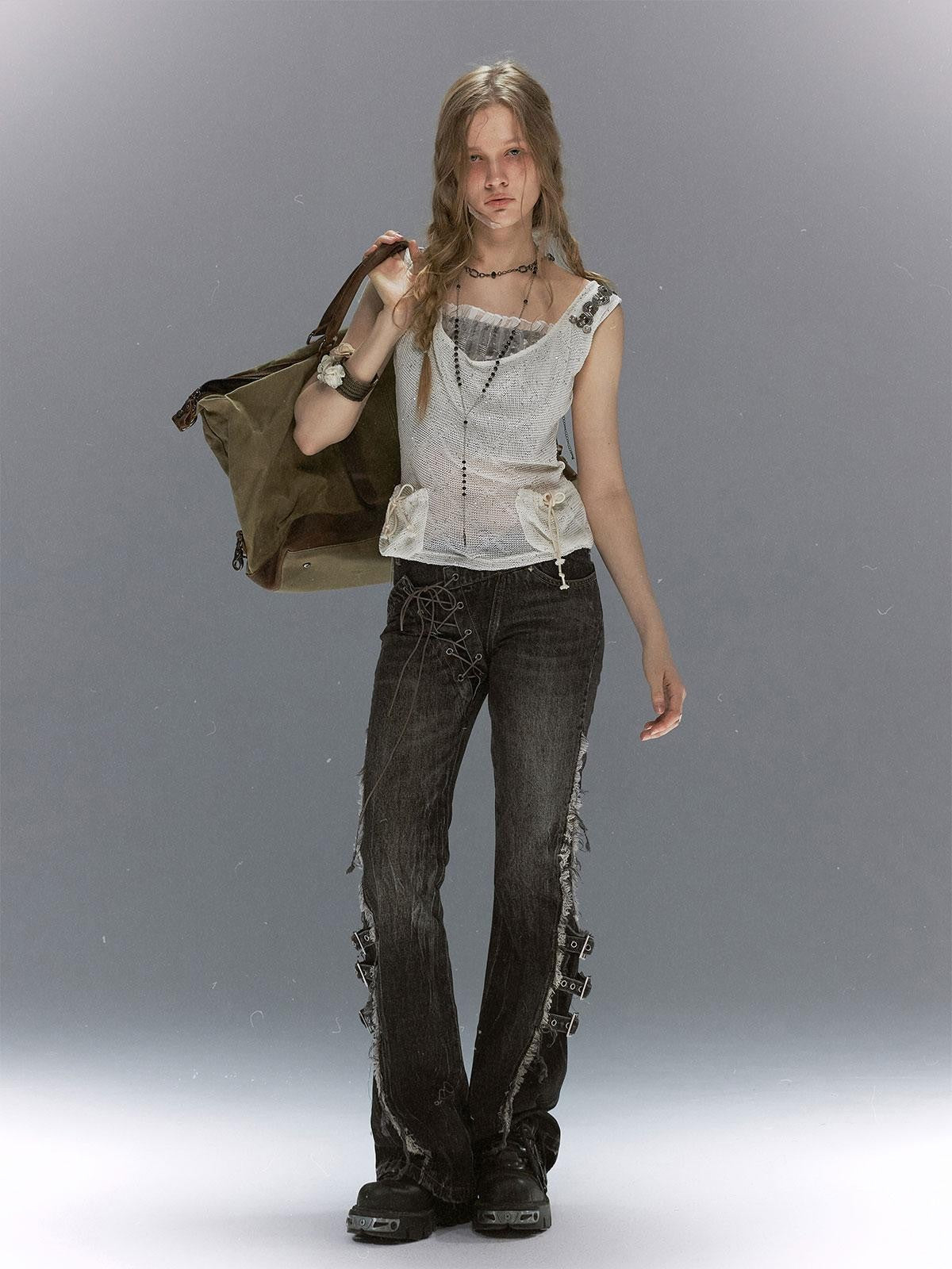 Cest Nous Washed Crackle Punk Asymmetrical Waist Deconstructed Tie Women&