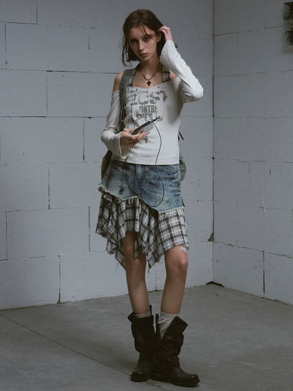 Cest Nous Washed Deconstructed Plaid Patchwork Asymmetric Women&