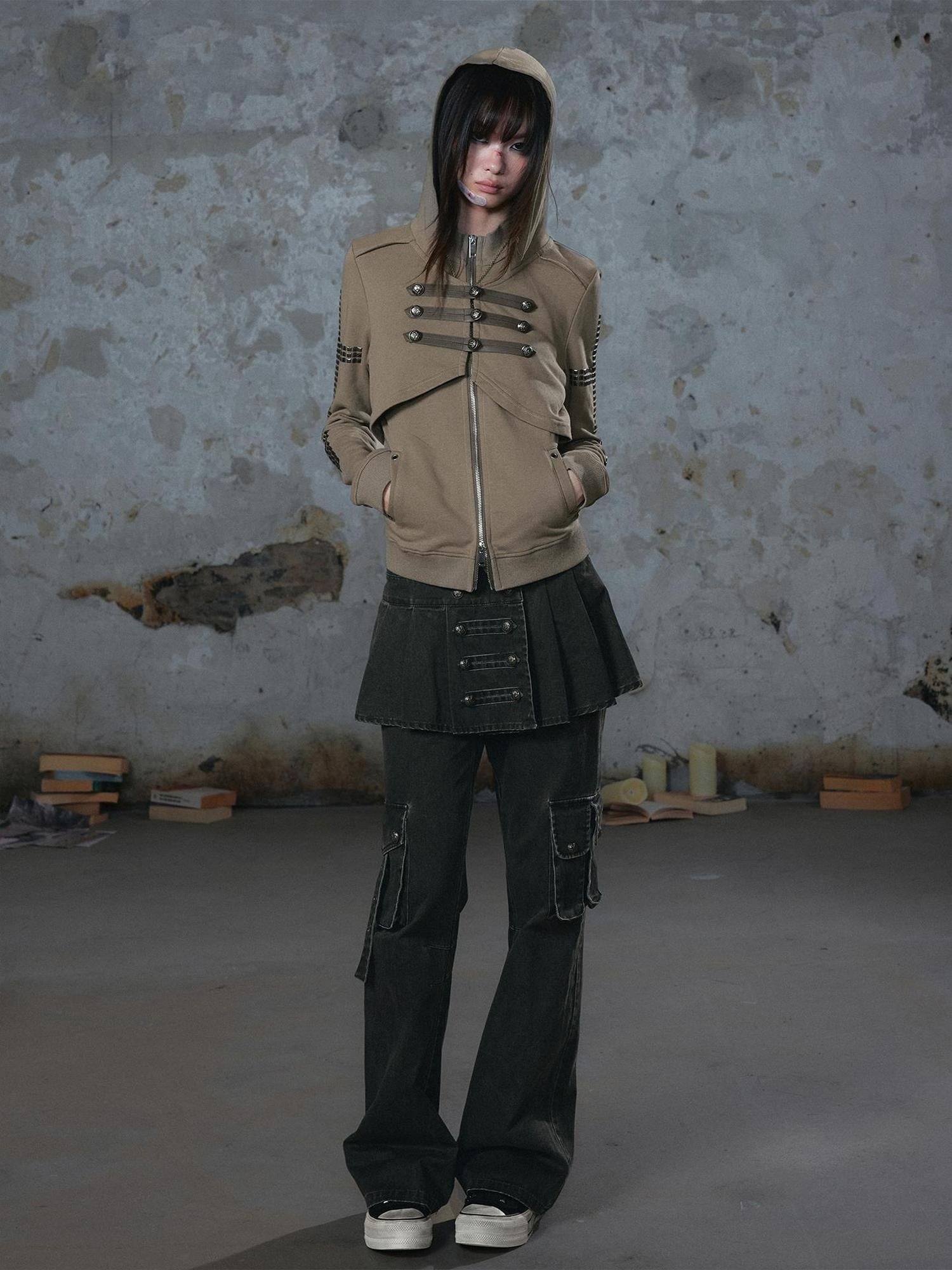 Cest Nous Washed Pleated Panel Splice Cargo Straight Microflare Women&
