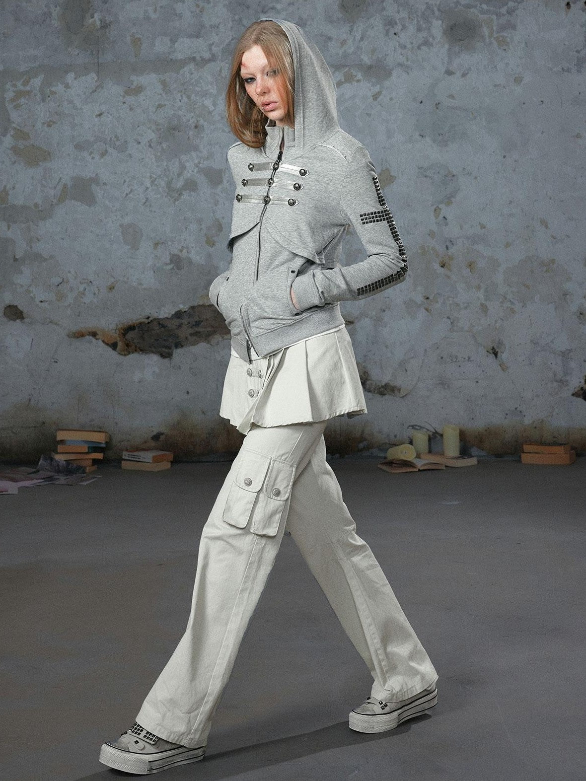 Cest Nous Washed Pleated Panel Splice Cargo Straight Microflare Women&