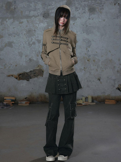 Cest Nous Washed Pleated Panel Splice Cargo Straight Microflare Women&