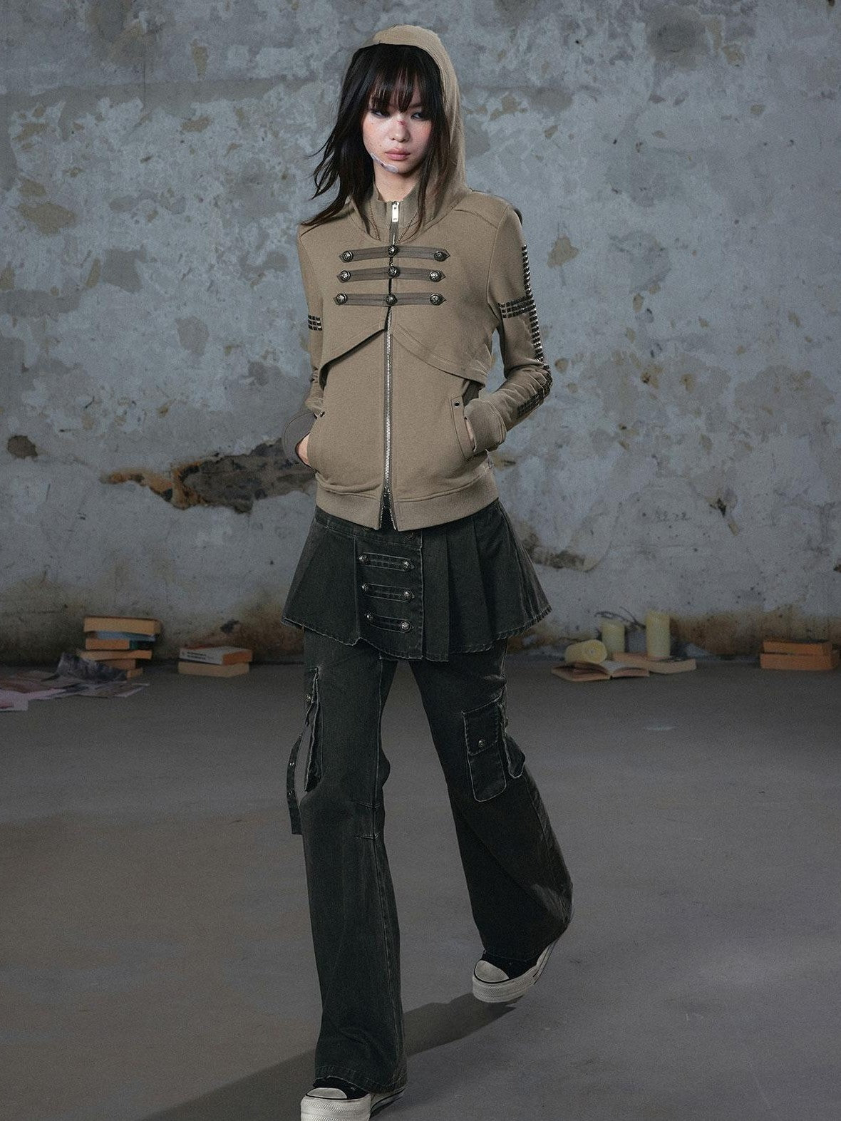 Cest Nous Washed Pleated Panel Splice Cargo Straight Microflare Women&