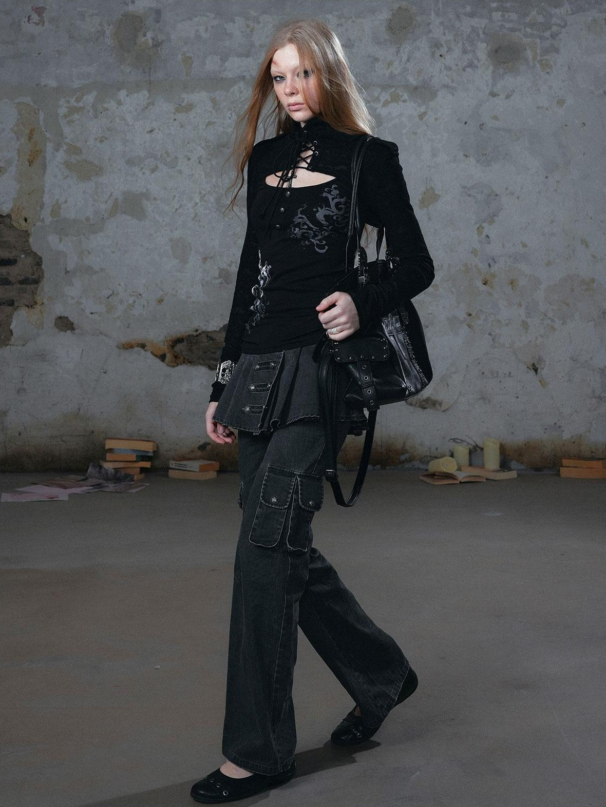 Cest Nous Washed Pleated Panel Splice Cargo Straight Microflare Women&