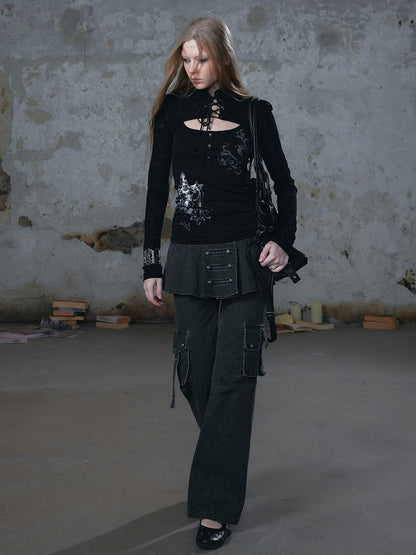 Cest Nous Washed Pleated Panel Splice Cargo Straight Microflare Women&