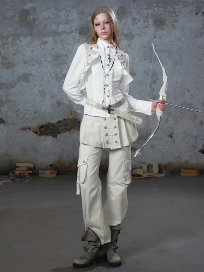 Cest Nous Washed Pleated Panel Splice Cargo Straight Microflare Women&