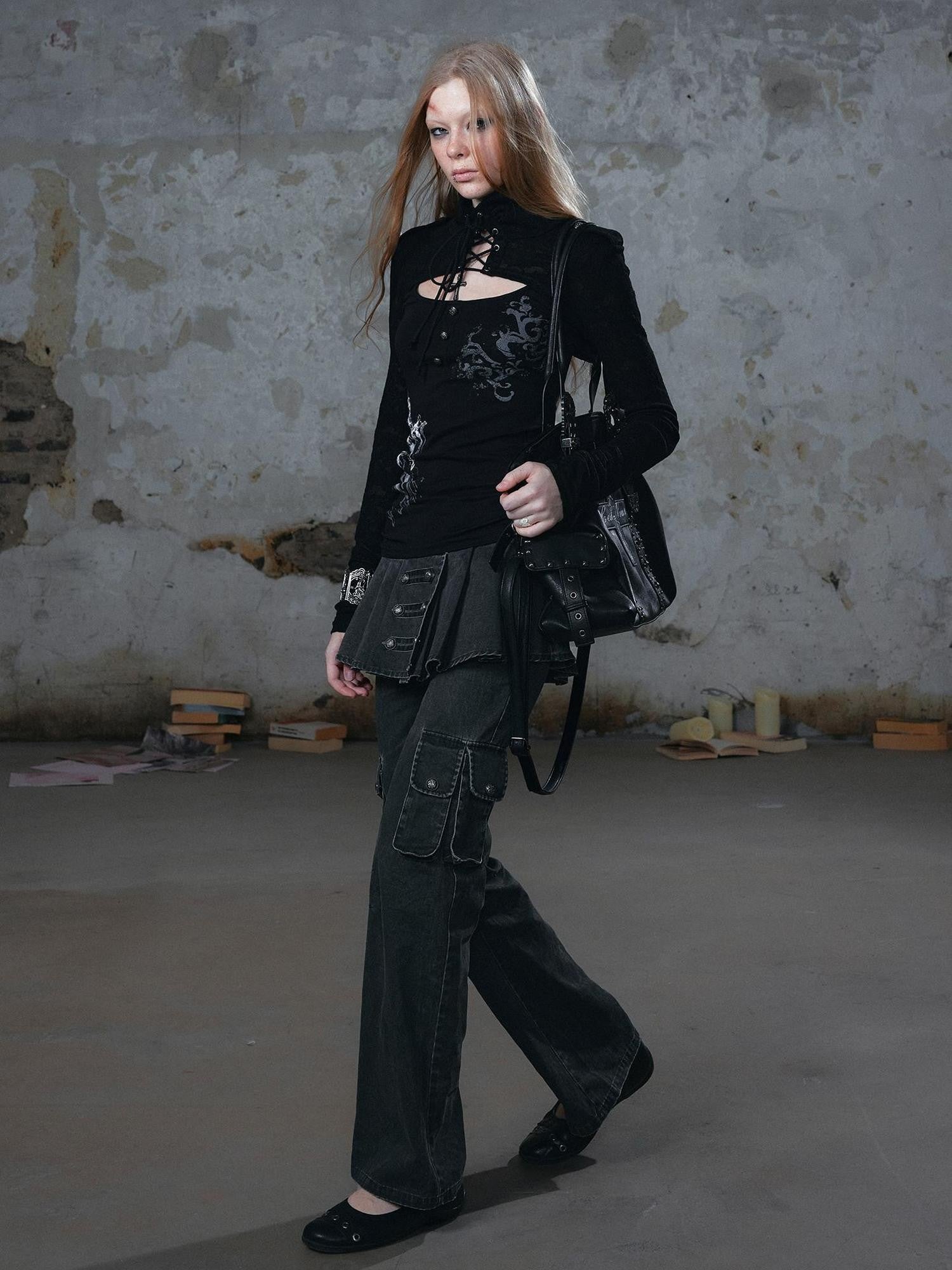 Cest Nous Washed Pleated Panel Splice Cargo Straight Microflare Women&