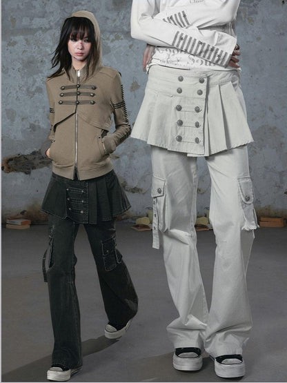 Cest Nous Washed Pleated Panel Splice Cargo Straight Microflare Women&