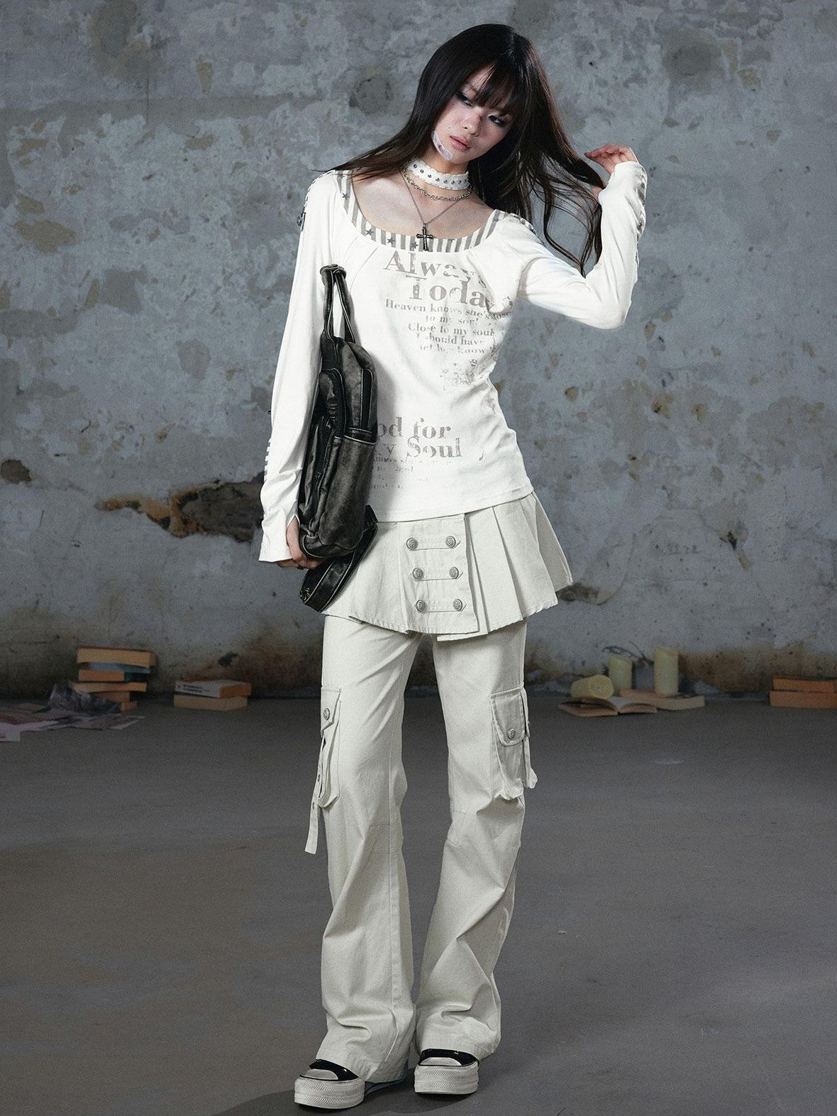 Cest Nous Washed Pleated Panel Splice Cargo Straight Microflare Women&