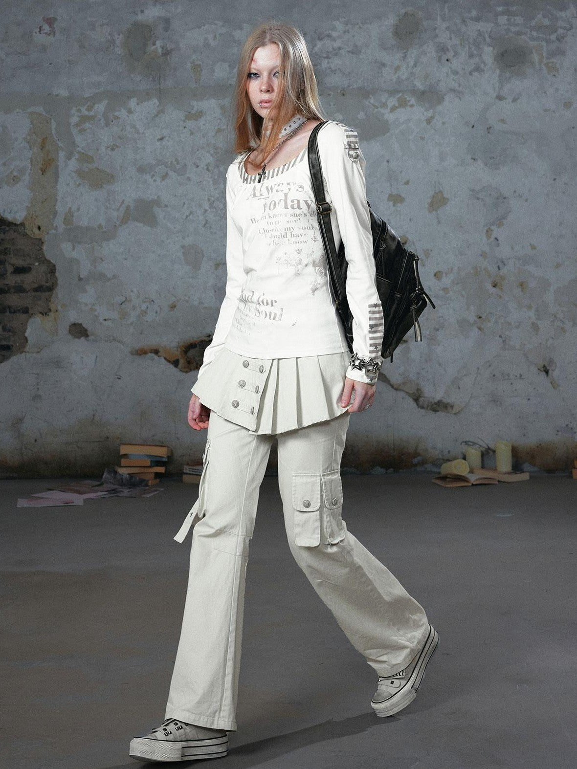 Cest Nous Washed Pleated Panel Splice Cargo Straight Microflare Women&