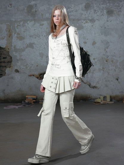 Cest Nous Washed Pleated Panel Splice Cargo Straight Microflare Women&