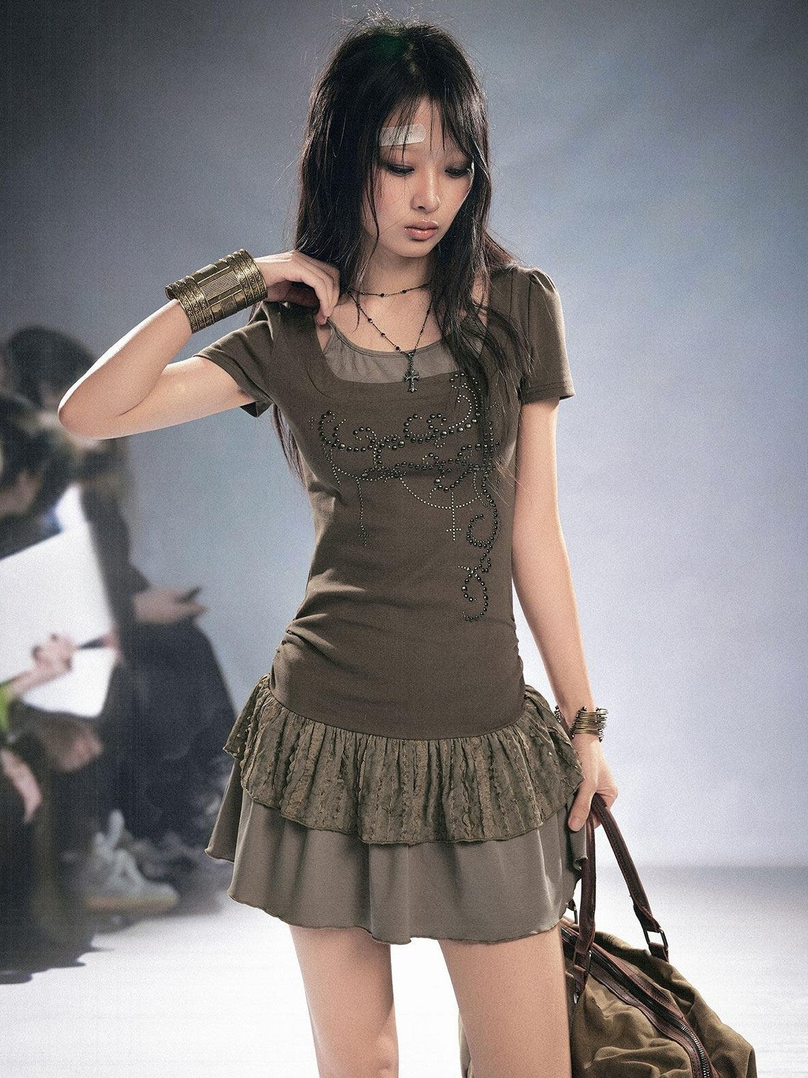 Cest Nous Woodland Rivet Lace Splice Faux Two Piece Women&