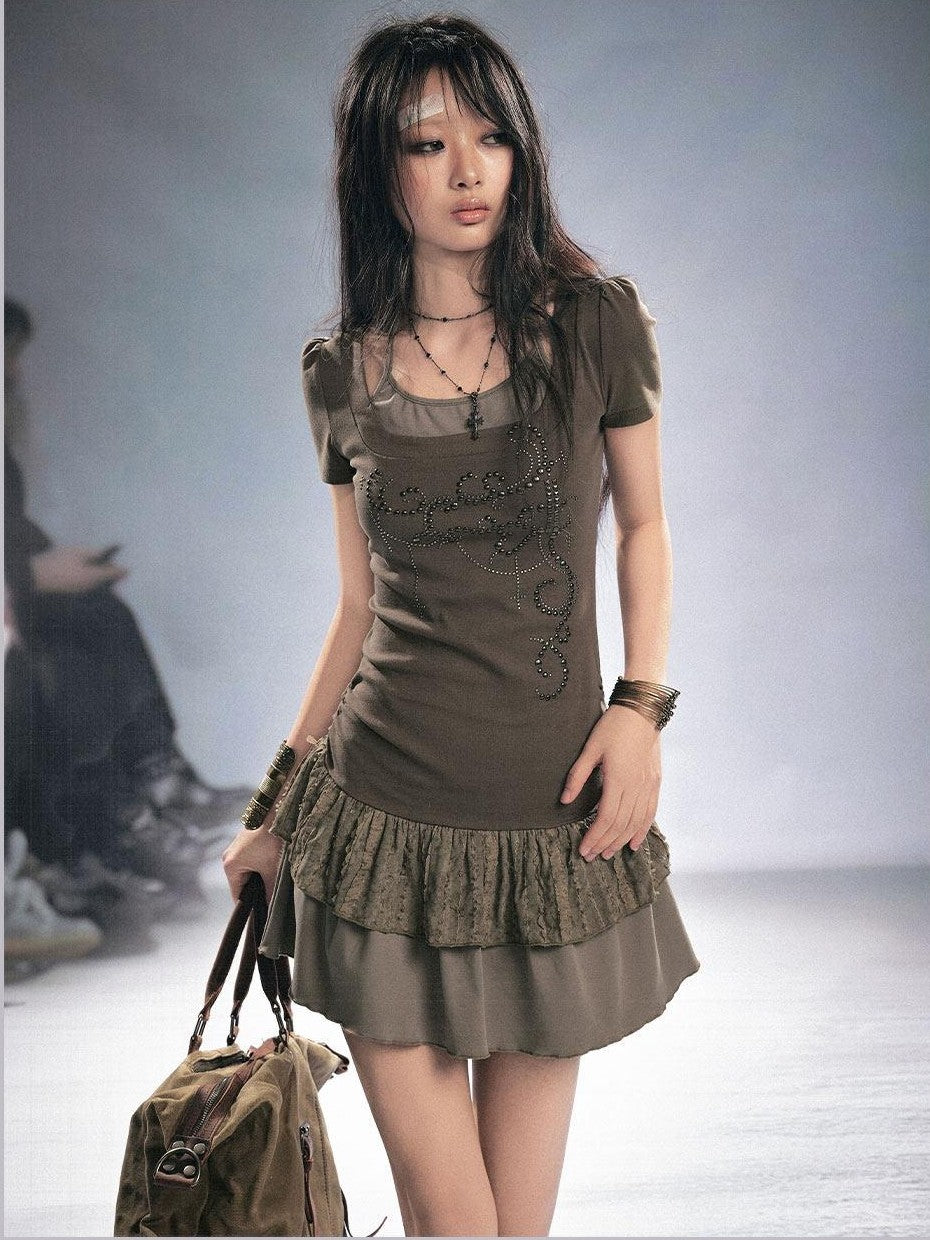 Cest Nous Woodland Rivet Lace Splice Faux Two Piece Women&