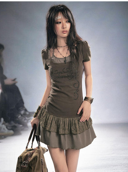 Cest Nous Woodland Rivet Lace Splice Faux Two Piece Women&