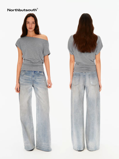 Chalk Blue Washed Whisker Distressed Women&