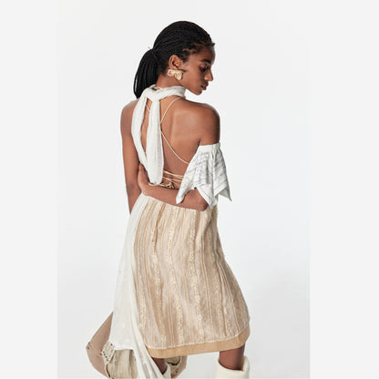 2th Desire Backless Double Layer Lace Tie Slip Dress