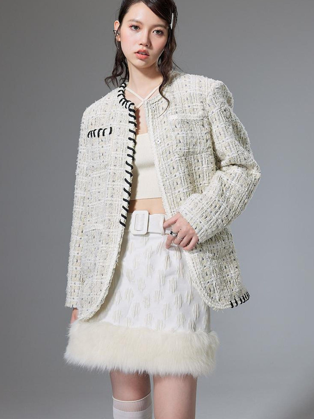 DIDDI MODA Chanel Inspired Tweed Knit Oversized Cardigan With Black Trim
