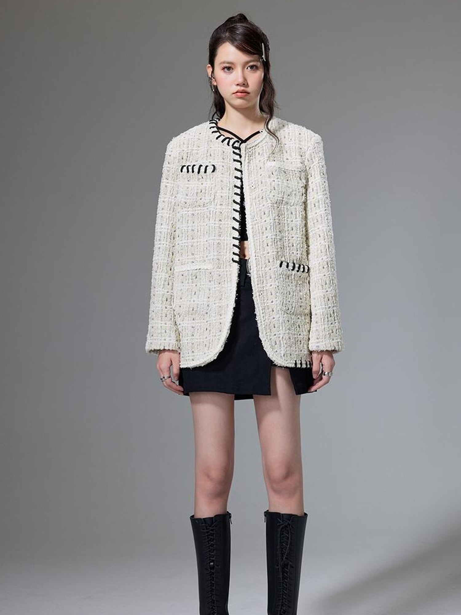 DIDDI MODA Chanel Inspired Tweed Knit Oversized Cardigan With Black Trim