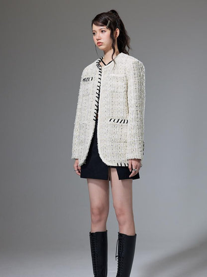 DIDDI MODA Chanel Inspired Tweed Knit Oversized Cardigan With Black Trim