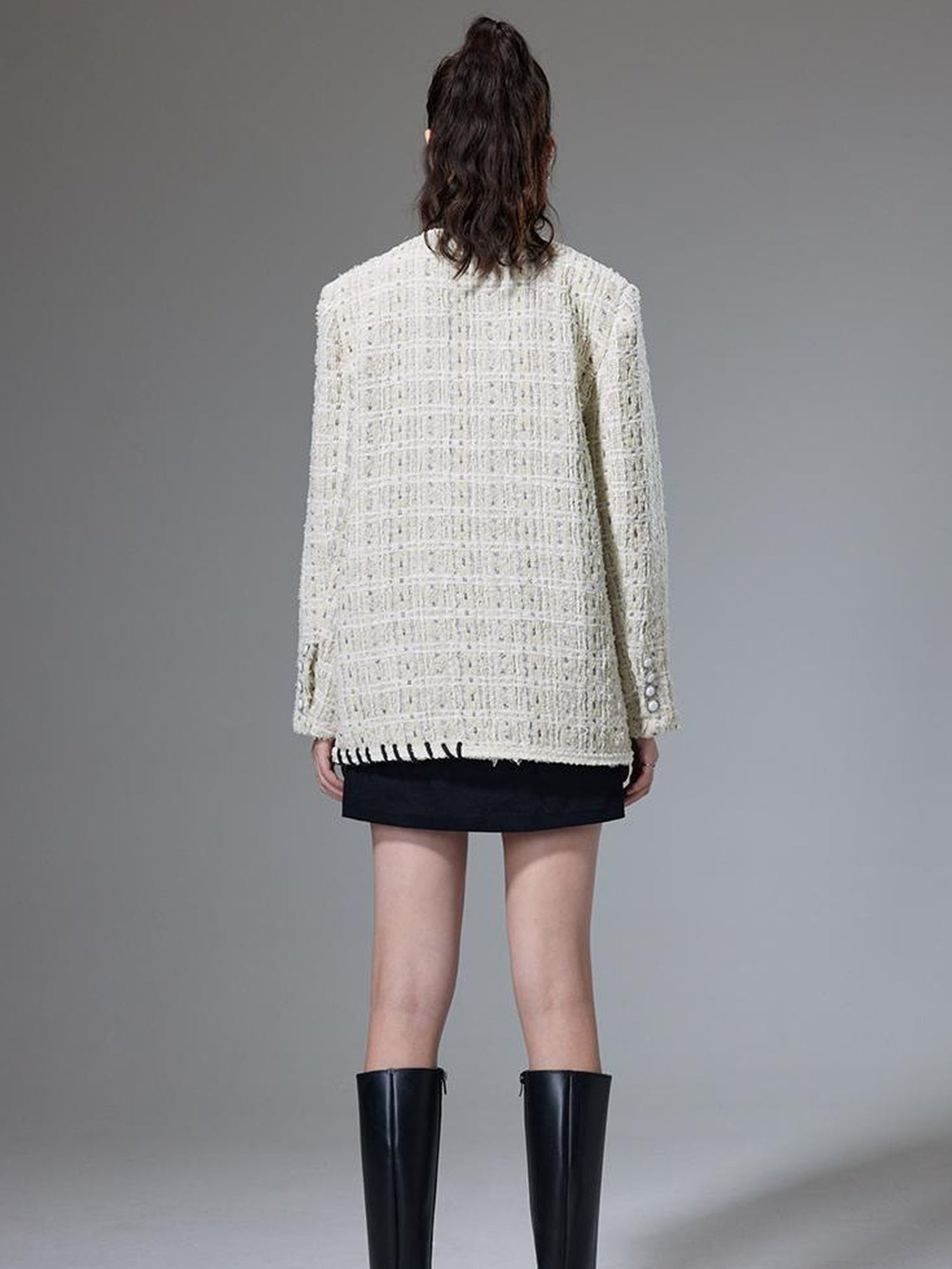 DIDDI MODA Chanel Inspired Tweed Knit Oversized Cardigan With Black Trim