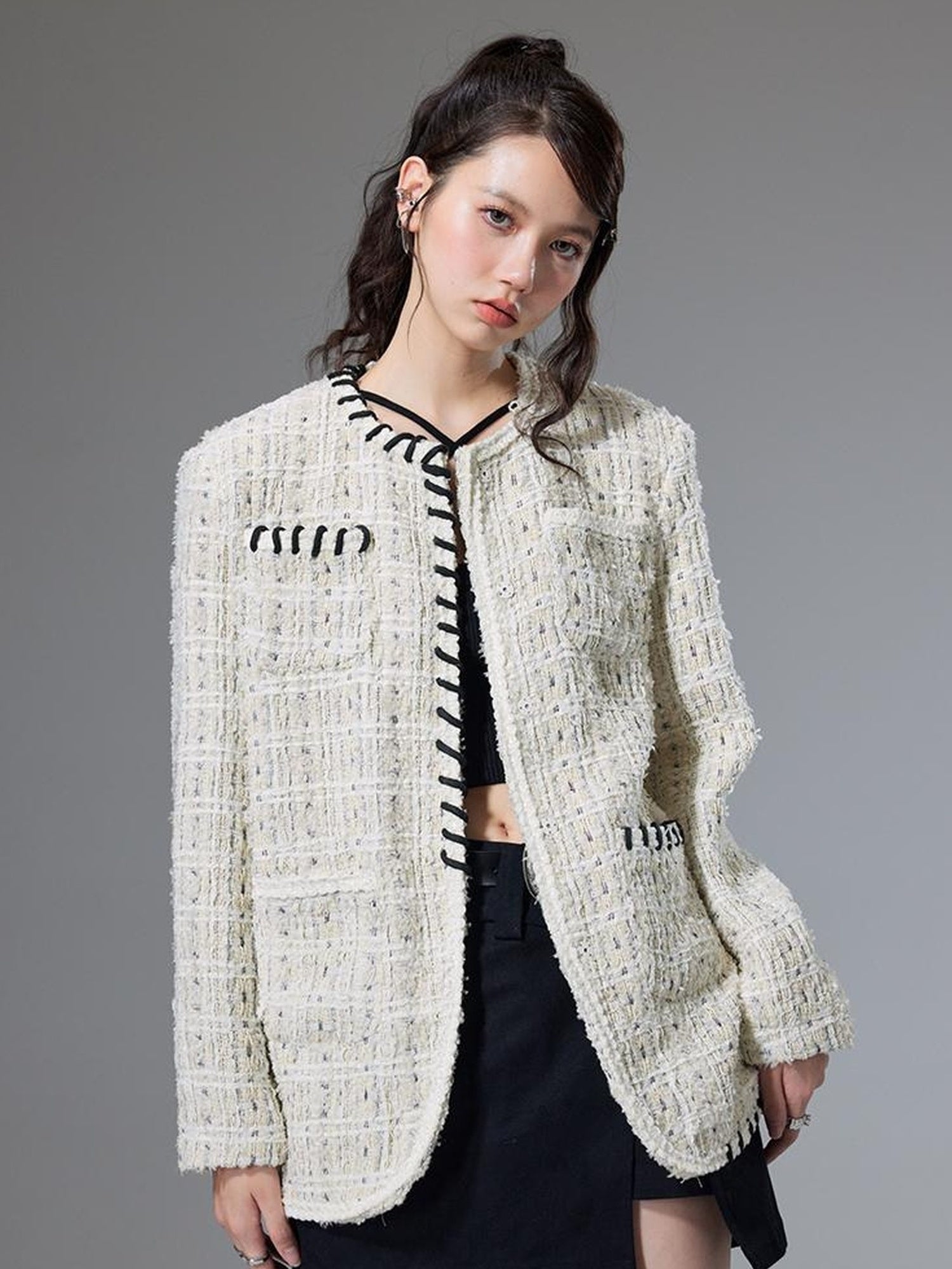 DIDDI MODA Chanel Inspired Tweed Knit Oversized Cardigan With Black Trim