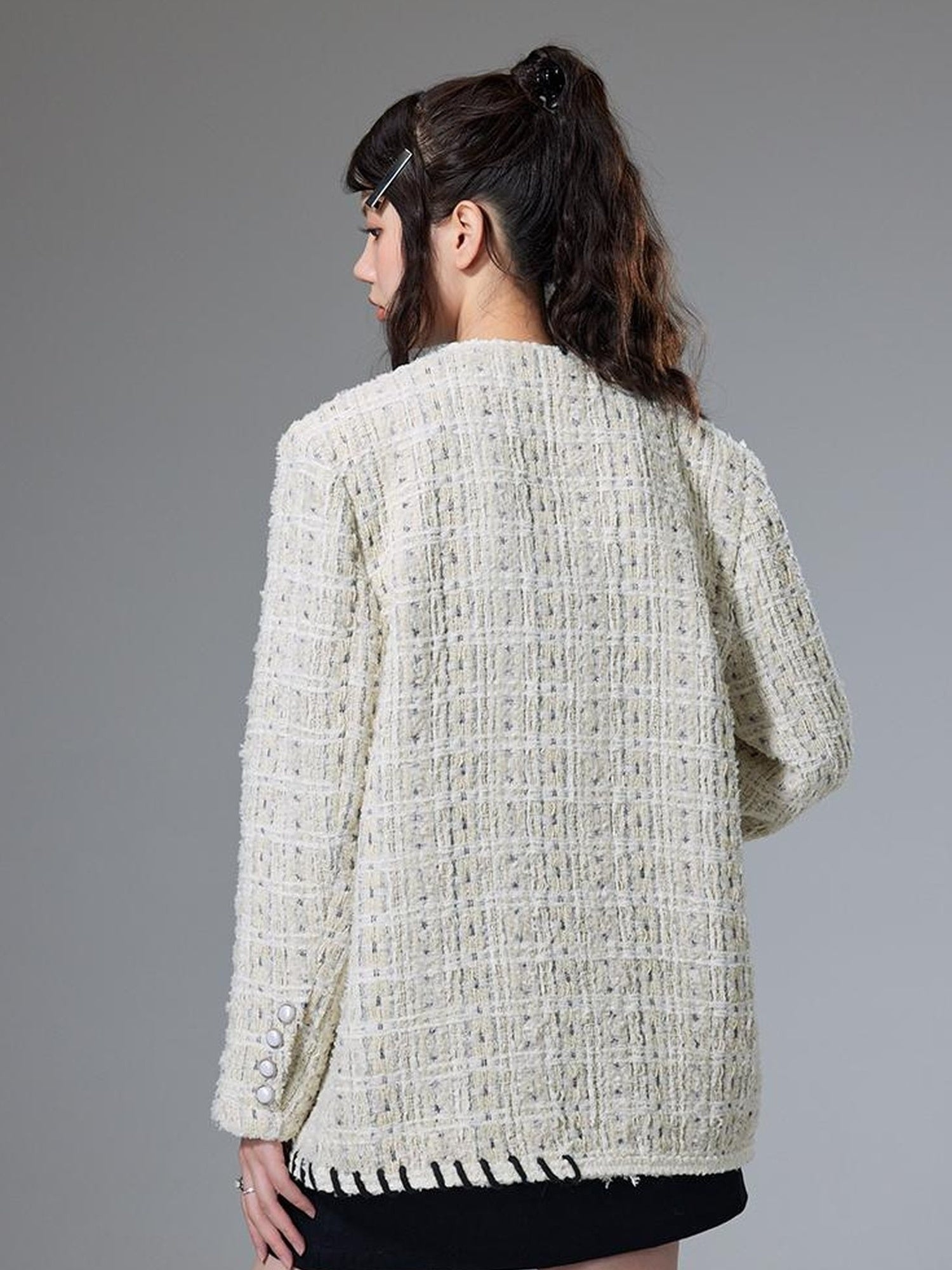 DIDDI MODA Chanel Inspired Tweed Knit Oversized Cardigan With Black Trim