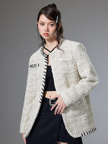 DIDDI MODA Chanel Inspired Tweed Knit Oversized Cardigan With Black Trim