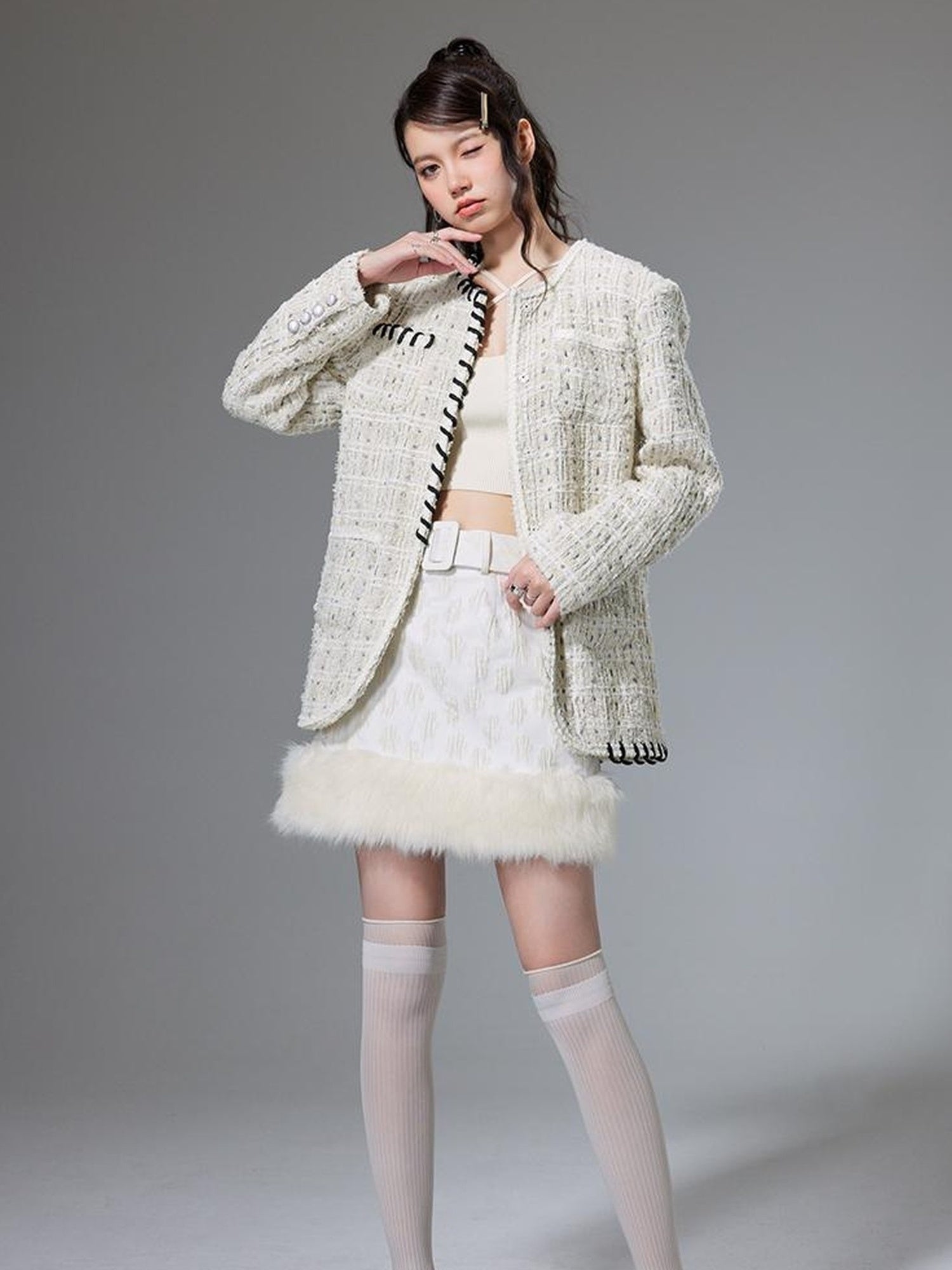 DIDDI MODA Chanel Inspired Tweed Knit Oversized Cardigan With Black Trim