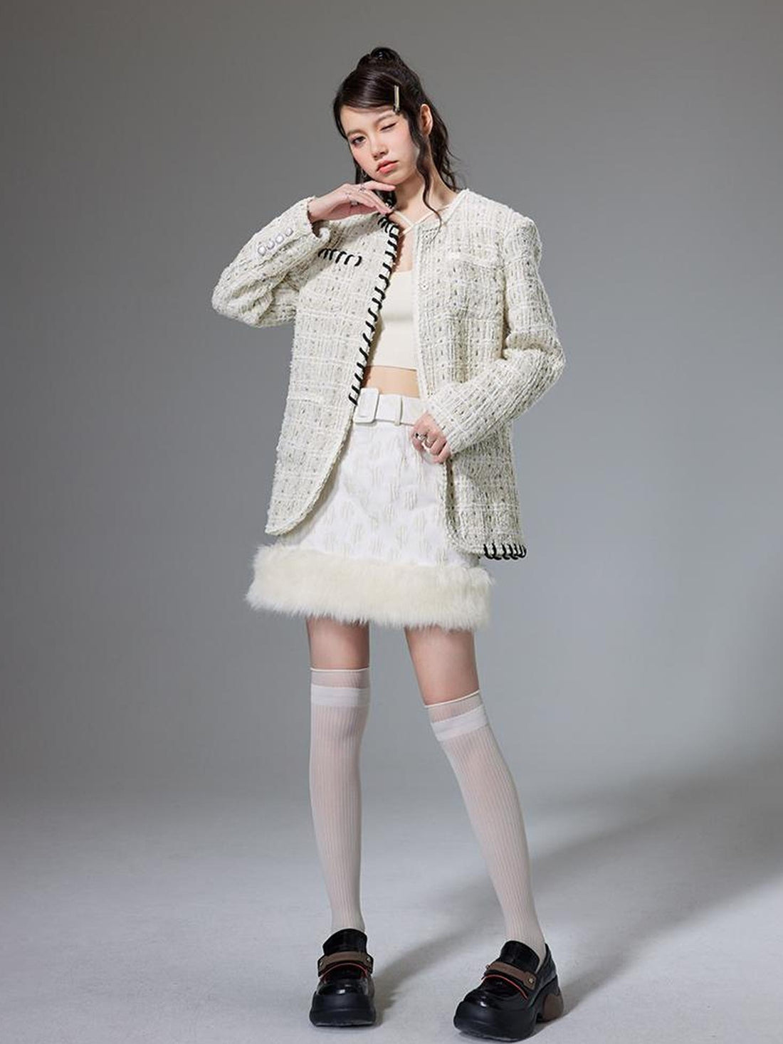 DIDDI MODA Chanel Inspired Tweed Knit Oversized Cardigan With Black Trim