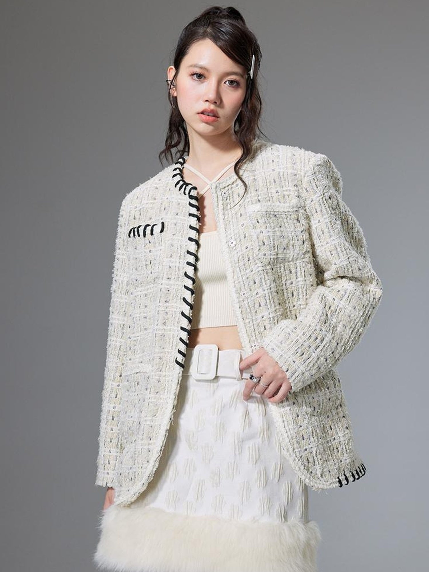 DIDDI MODA Chanel Inspired Tweed Knit Oversized Cardigan With Black Trim