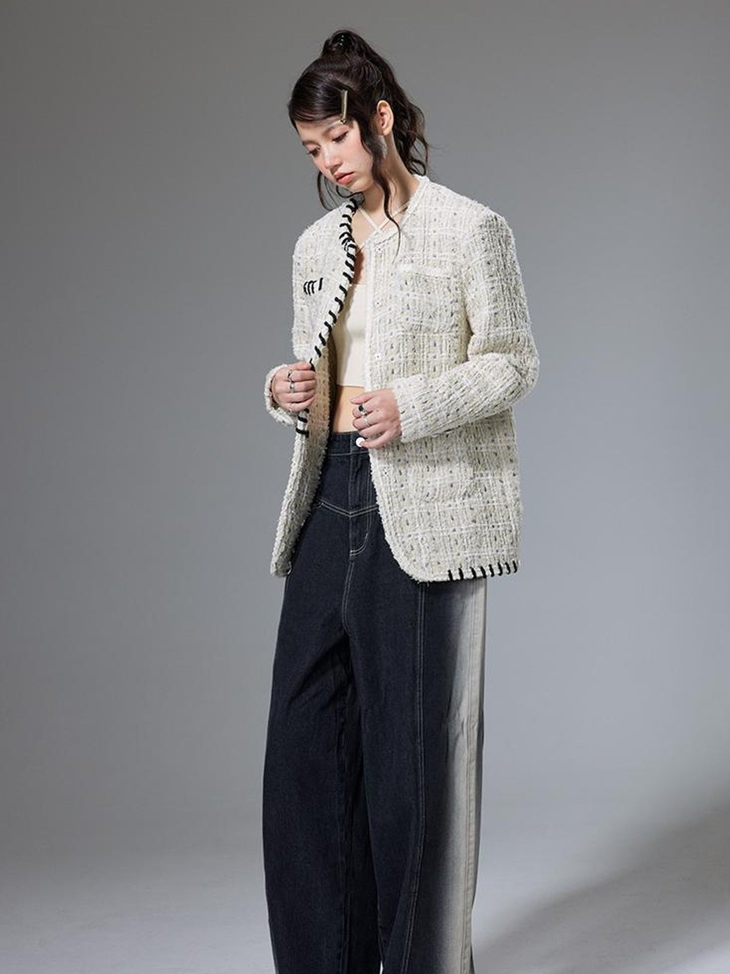 DIDDI MODA Chanel Inspired Tweed Knit Oversized Cardigan With Black Trim