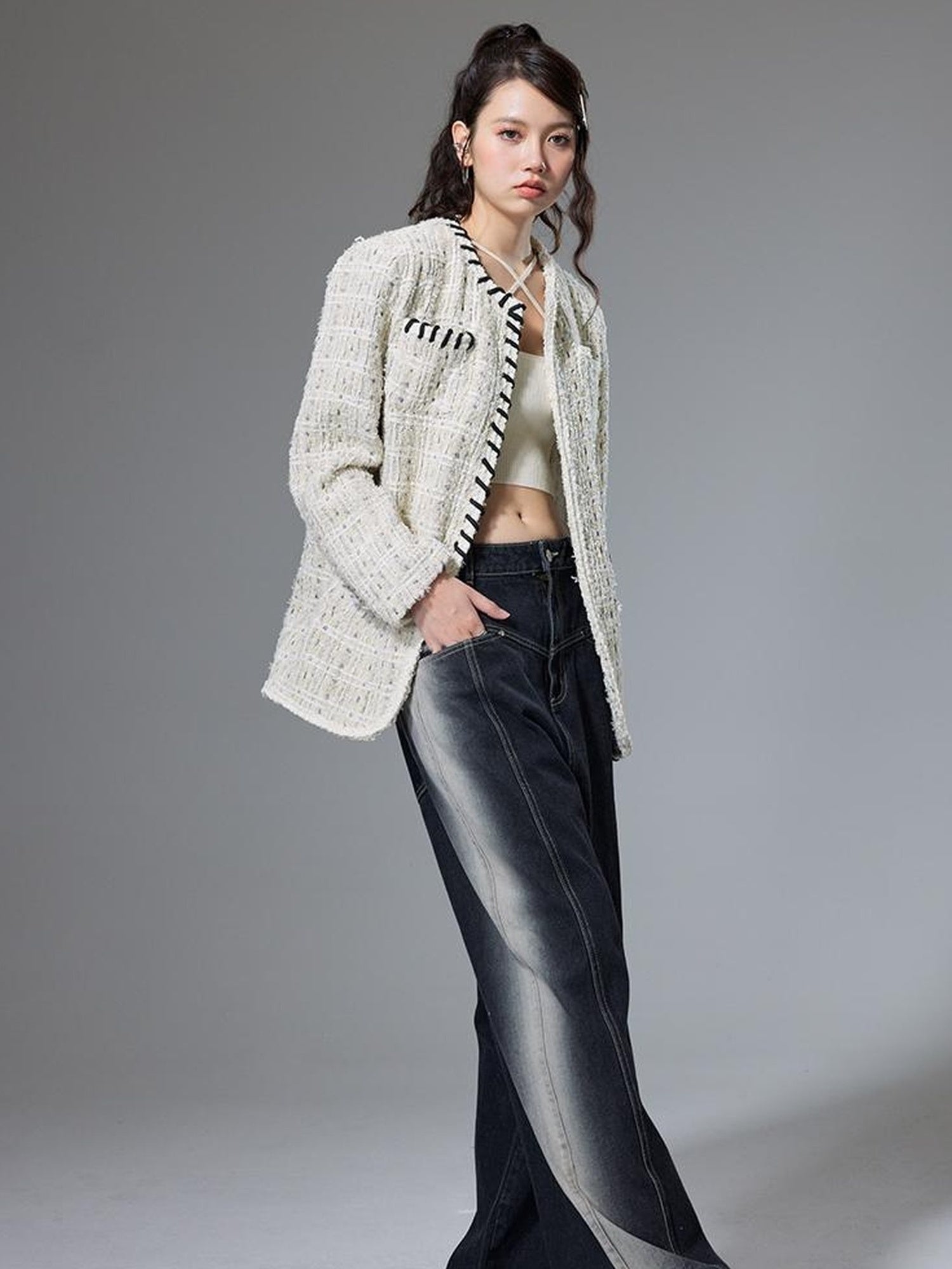 DIDDI MODA Chanel Inspired Tweed Knit Oversized Cardigan With Black Trim