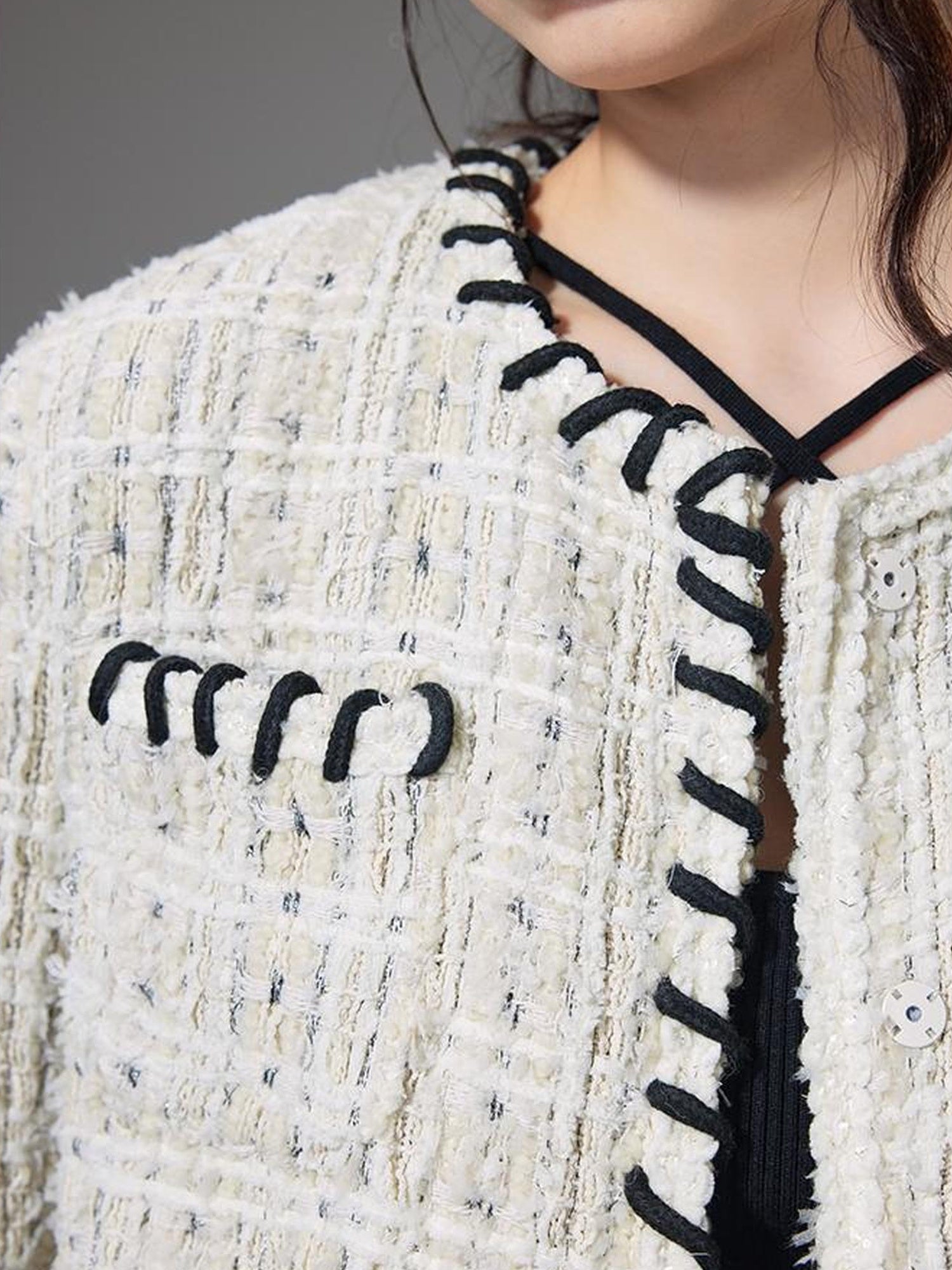 DIDDI MODA Chanel Inspired Tweed Knit Oversized Cardigan With Black Trim