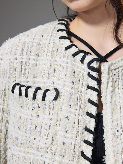 DIDDI MODA Chanel Inspired Tweed Knit Oversized Cardigan With Black Trim