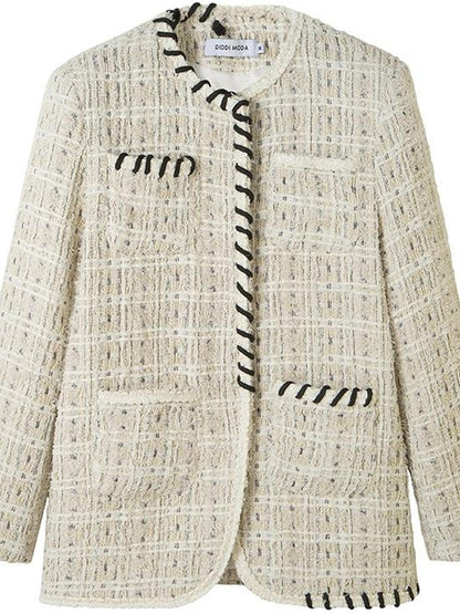DIDDI MODA Chanel Inspired Tweed Knit Oversized Cardigan With Black Trim