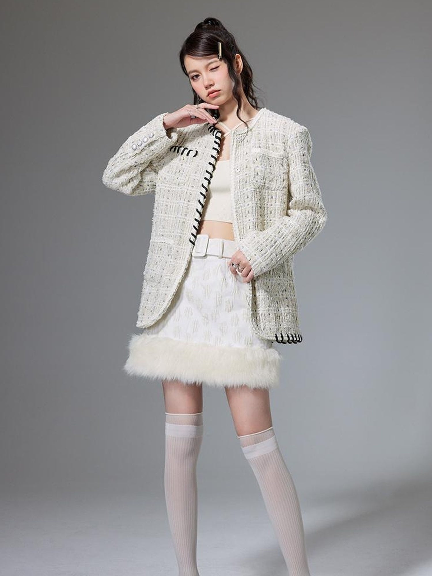 DIDDI MODA Chanel Inspired Tweed Knit Oversized Cardigan With Black Trim