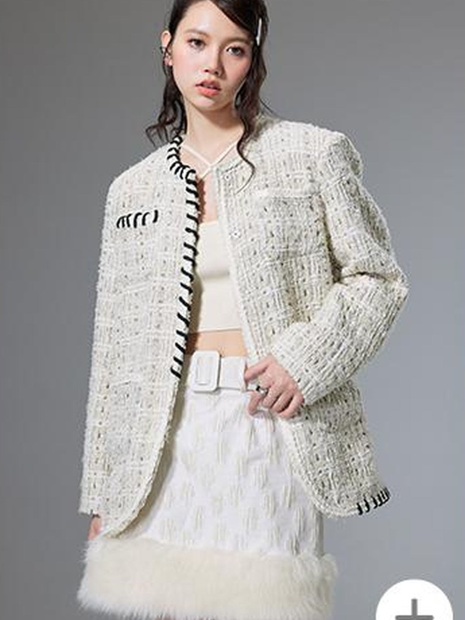 DIDDI MODA Chanel Inspired Tweed Knit Oversized Cardigan With Black Trim