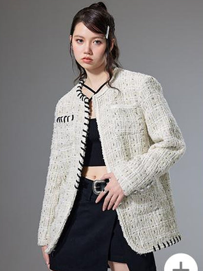 DIDDI MODA Chanel Inspired Tweed Knit Oversized Cardigan With Black Trim