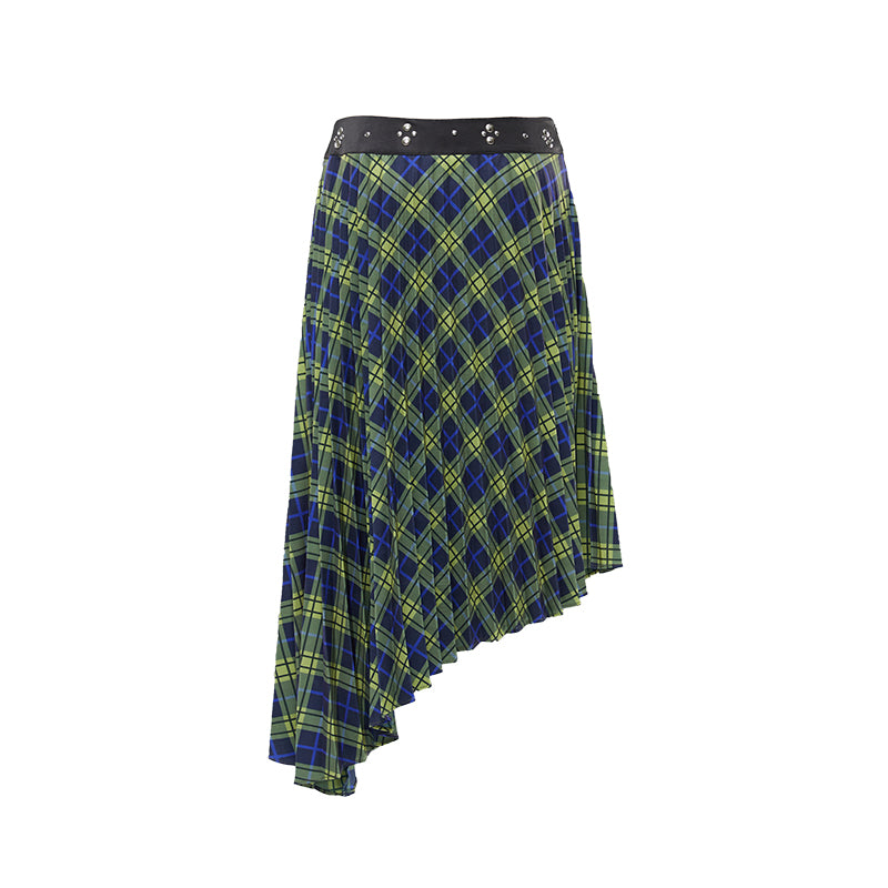 YOSHUYUKI Vintage Blue Green Tartan Skirt with Studded Waist Asymmetrical Hem