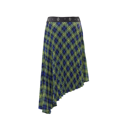 YOSHUYUKI Vintage Blue Green Tartan Skirt with Studded Waist Asymmetrical Hem