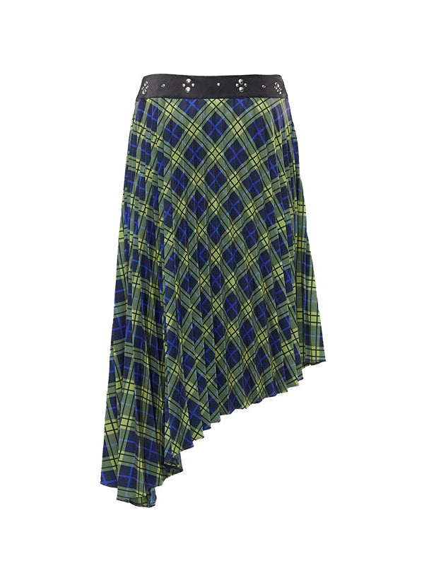 Vintage Blue Green Tartan Skirt with Studded Waist Asymmetrical Hem