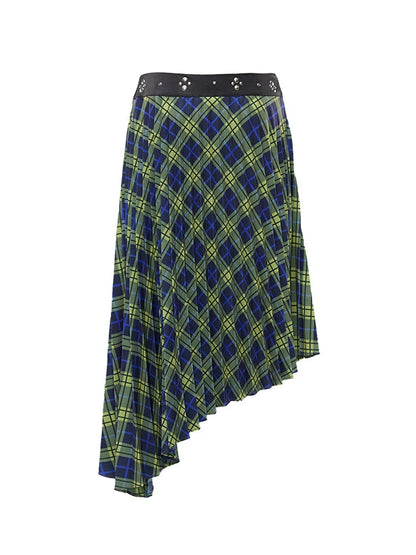 Vintage Blue Green Tartan Skirt with Studded Waist Asymmetrical Hem
